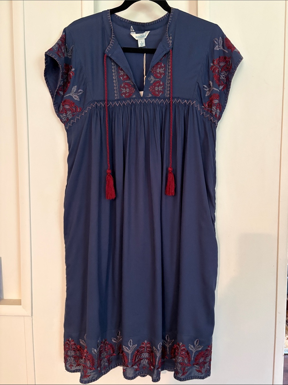 Sundance Navy Midi Dress with Burgundy and Gray Embroidery and Tassels